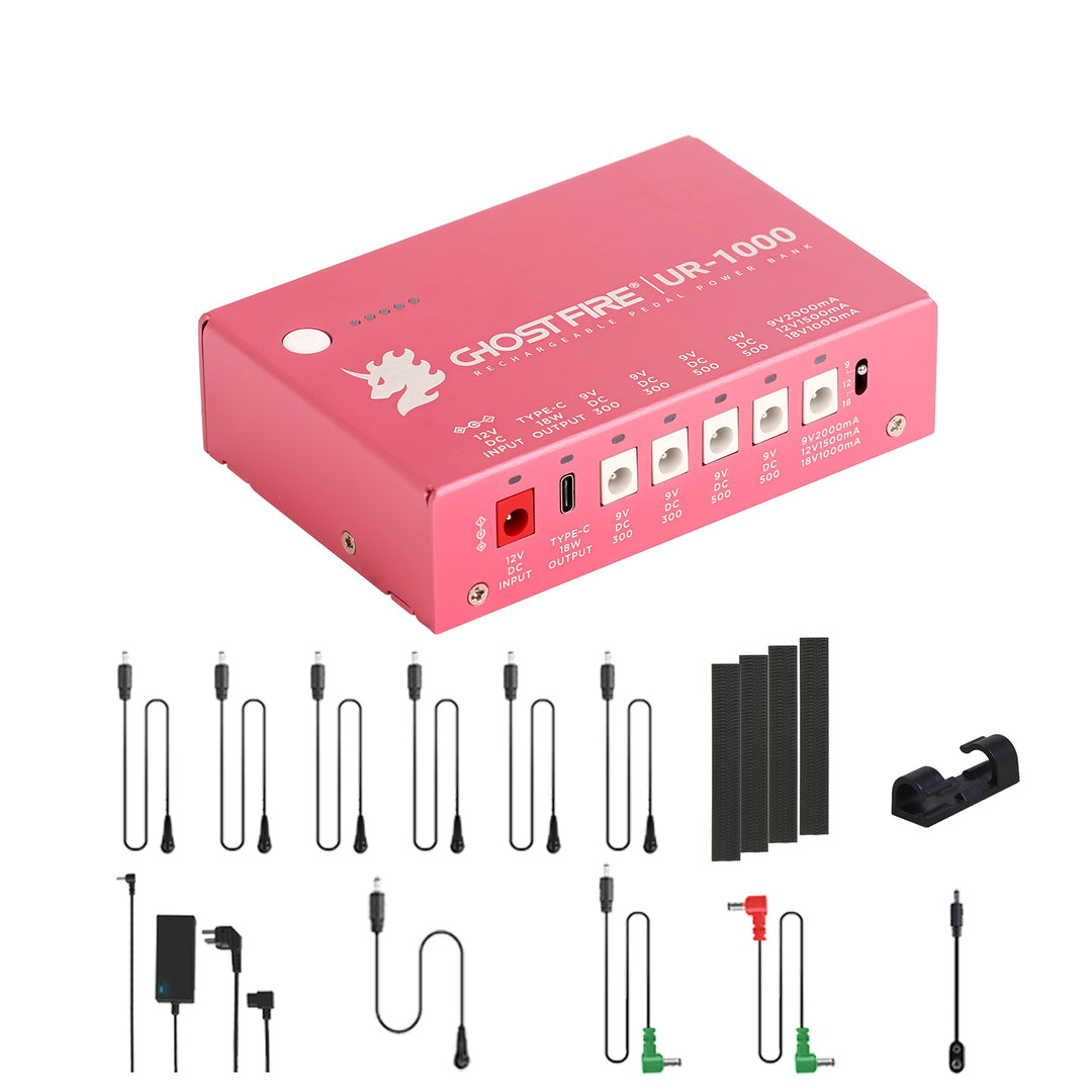 GHOST FIRE UR-1000 Rechargeable Guitar Pedal Power Supply – 9V/12V/18V Isolated Outputs, Built-in Lithium Battery, Short Circuit Protection, Lifetime Warranty