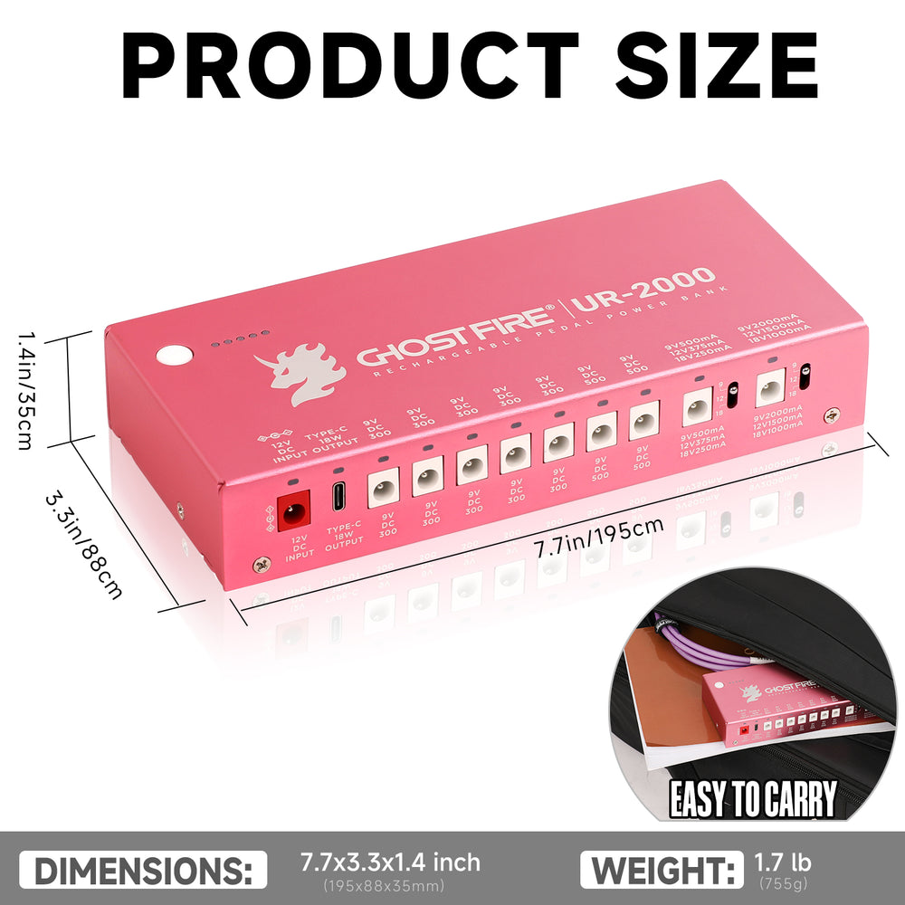 GHOST FIRE UR-2000 Guitar Pedal Power Supply – 9V/12V/18V Isolated Outputs, Wireless Charging, Short-Circuit Protection, Lifetime Warranty
