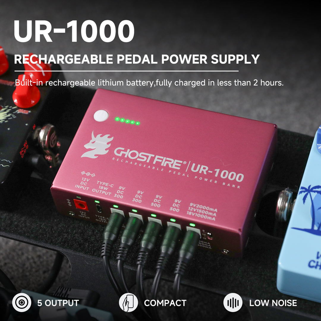 GHOST FIRE UR-1000 Rechargeable Guitar Pedal Power Supply – 9V/12V/18V Isolated Outputs, Built-in Lithium Battery, Short Circuit Protection, Lifetime Warranty