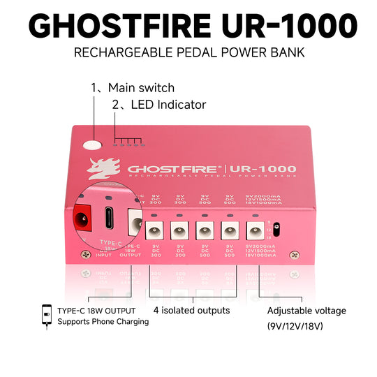GHOST FIRE UR-1000 Rechargeable Guitar Pedal Power Supply – 9V/12V/18V Isolated Outputs, Built-in Lithium Battery, Short Circuit Protection, Lifetime Warranty