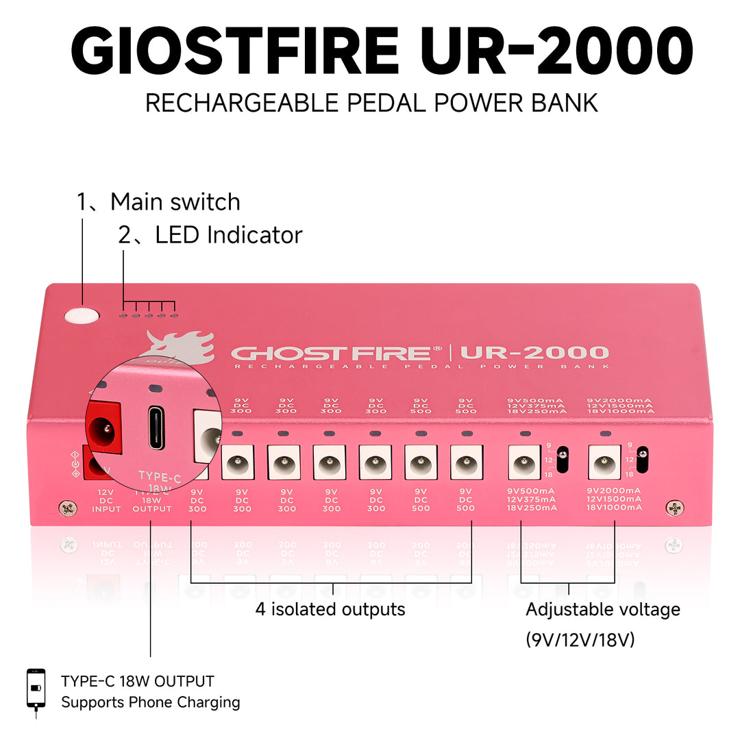 GHOST FIRE UR-2000 Guitar Pedal Power Supply – 9V/12V/18V Isolated Outputs, Wireless Charging, Short-Circuit Protection, Lifetime Warranty