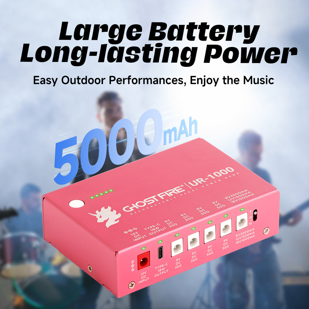 GHOST FIRE UR-1000 Rechargeable Guitar Pedal Power Supply – 9V/12V/18V Isolated Outputs, Built-in Lithium Battery, Short Circuit Protection, Lifetime Warranty