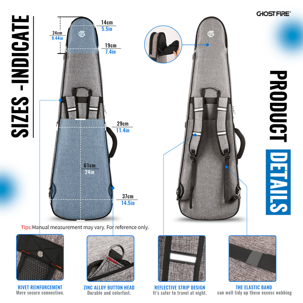 GHOSTFIRE High-end Electric Guitar Bag Super thick fit ST/TL ，LP/SG An Expansion Package Is Attached (Electric Guitar Bag-Grey 3.0)