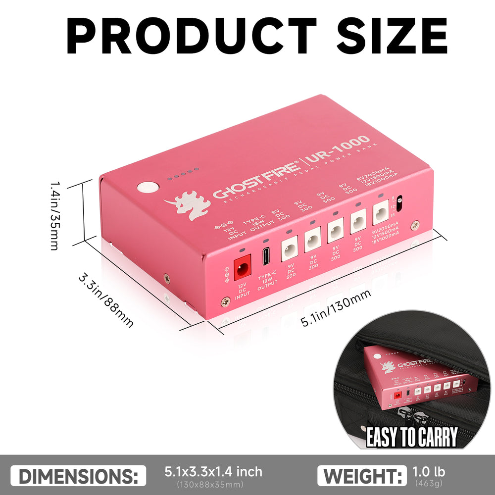 GHOST FIRE UR-1000 Rechargeable Guitar Pedal Power Supply – 9V/12V/18V Isolated Outputs, Built-in Lithium Battery, Short Circuit Protection, Lifetime Warranty