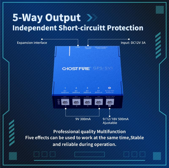 Fuente de alimentación para pedal de 5 vías Ghostfire GP5-SV1, voltaje ajustable de 9 V a 18 V, para bajo eléctrico y guitarra con adaptador