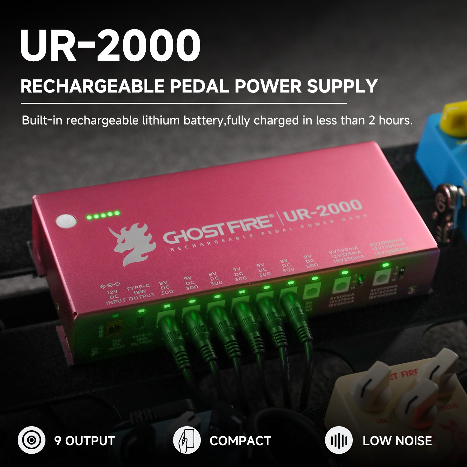 guitar pedals battery or power supply GHOST FIRE UR-2000 Guitar Pedal Power Supply – 9V/12V/18V Isolated Outputs, Wireless Charging, Short-Circuit Protection, Lifetime Warranty UR-2000