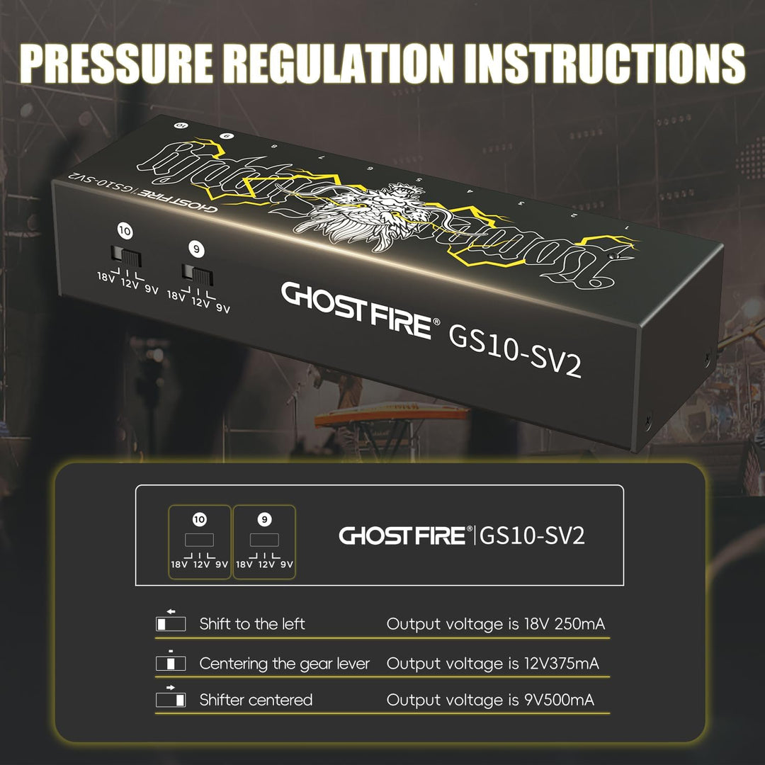 Fuente de alimentación para pedal de guitarra GHOSTFIRE GS10-SV2 de 10 salidas, 9 V/1000 mA, alta corriente para pedales de efectos de 9 V/12 V/18 V (GS10-SV2) 