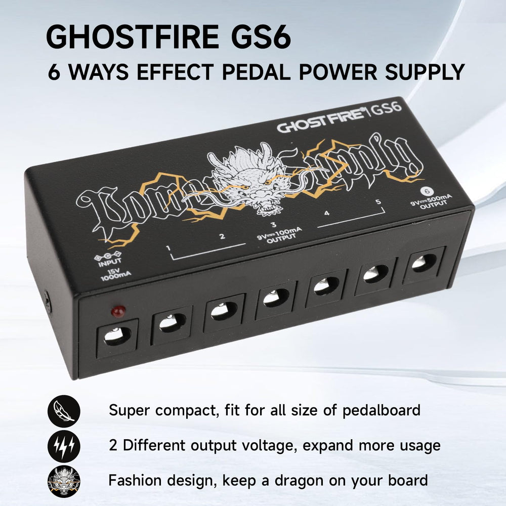 GHOSTFIRE GS6 Guitar Pedal Power Supply 9V/1000mA High Current for 9V/12V/18V Effect Pedals (GS6)