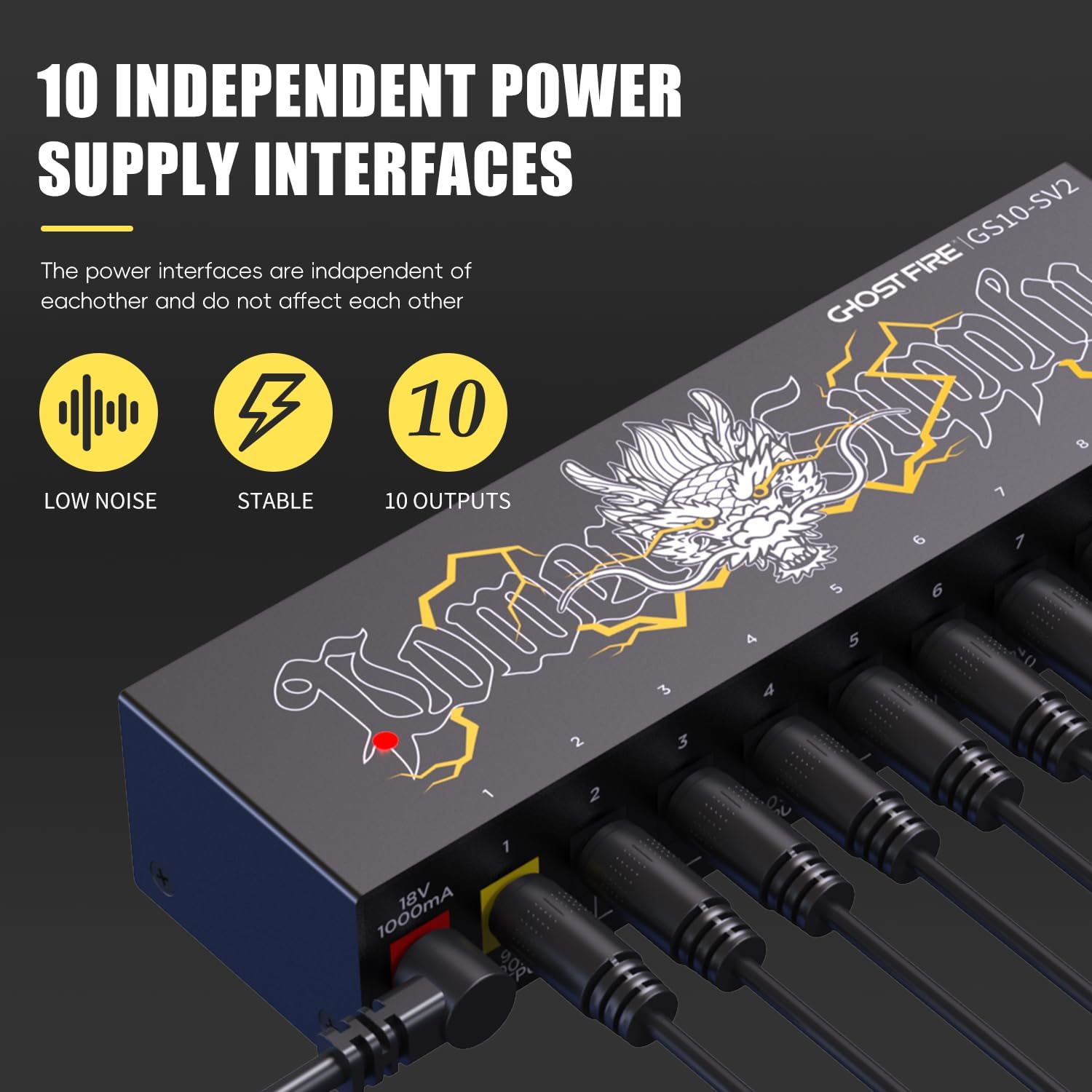 GHOSTFIRE GS10-SV2 10-Output Isolated Guitar Pedal Power Supply