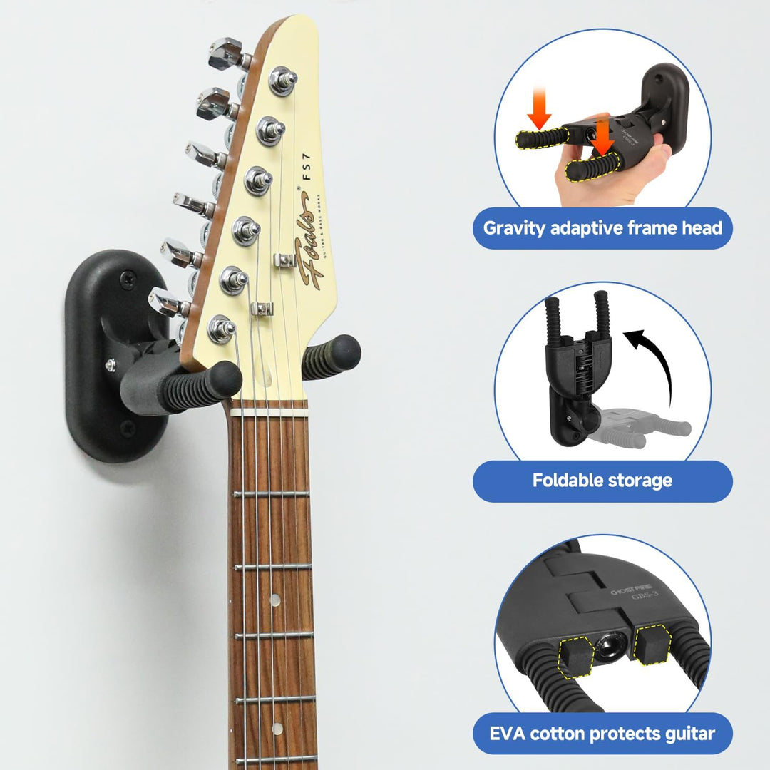 GHOSTFIRE Foldable Guitar Wall Mount Hanger with Gravity Self-Locking – Universal Guitar Holder for Acoustic, Electric, Bass, Classical Guitars & Ukuleles (GBS-3)