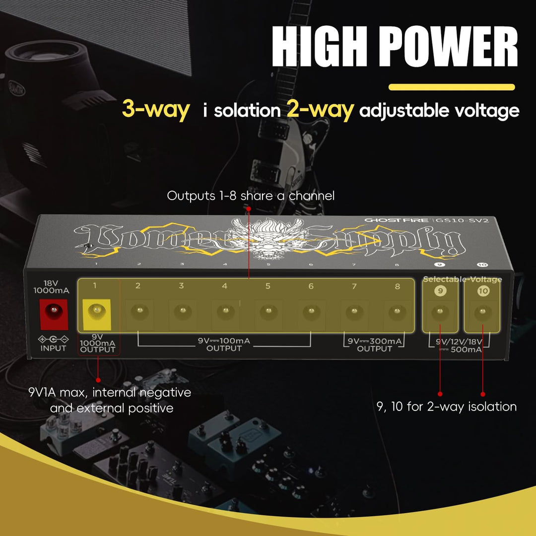 18v guitar pedals GHOSTFIRE GS10-SV2 10-Output Isolated Guitar Pedal Power Supply