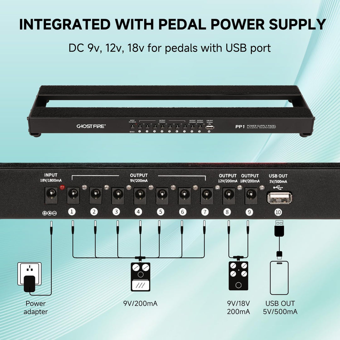 best effects pedal power supply Ghost Fire PP1 Guitar Pedalboard with Built-in Power Supply – Durable Aluminum Alloy Design with Carry Bag for Effect Pedals – Compact & Reliable PP