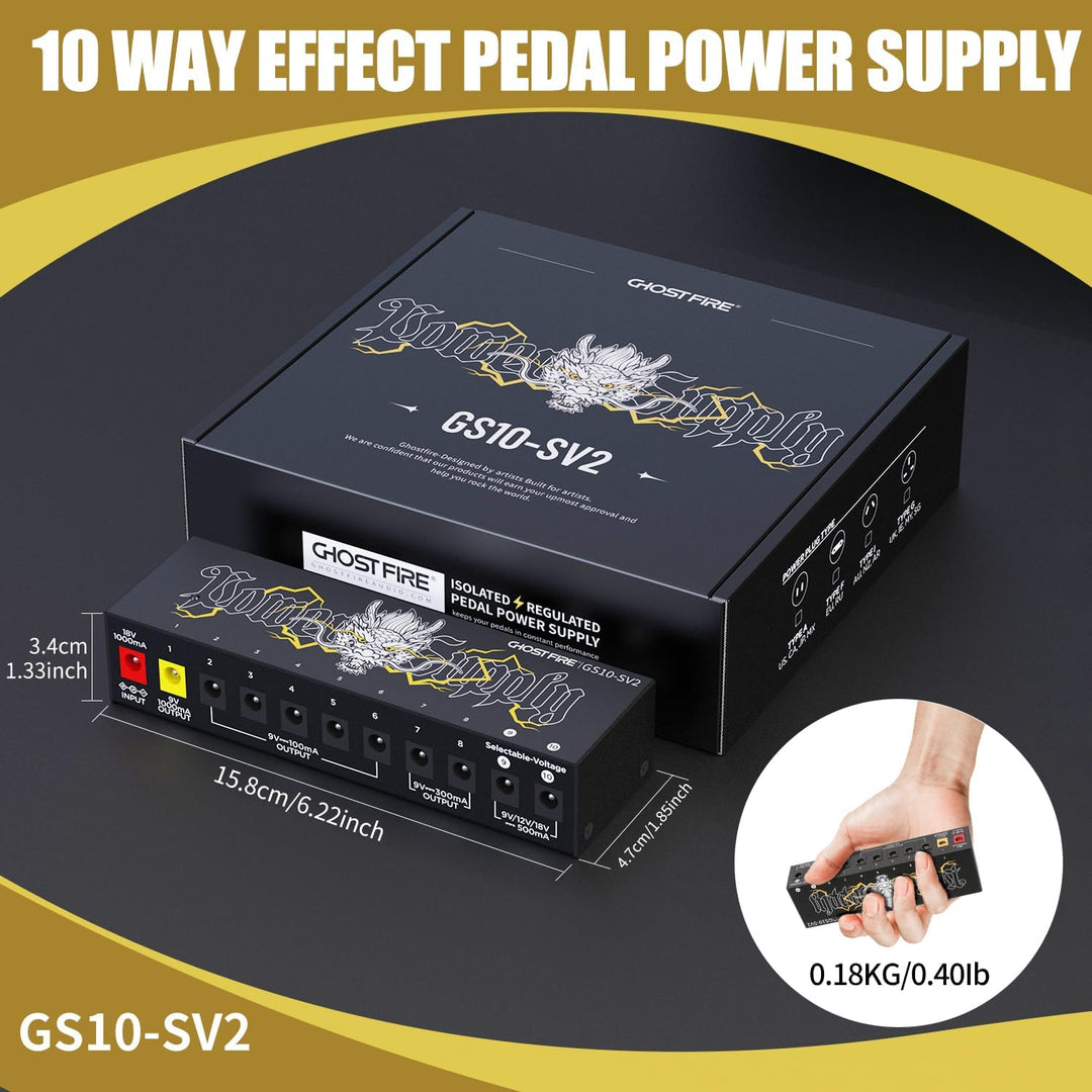 Fuente de alimentación para pedal de guitarra GHOSTFIRE GS10-SV2 de 10 salidas, 9 V/1000 mA, alta corriente para pedales de efectos de 9 V/12 V/18 V (GS10-SV2) 