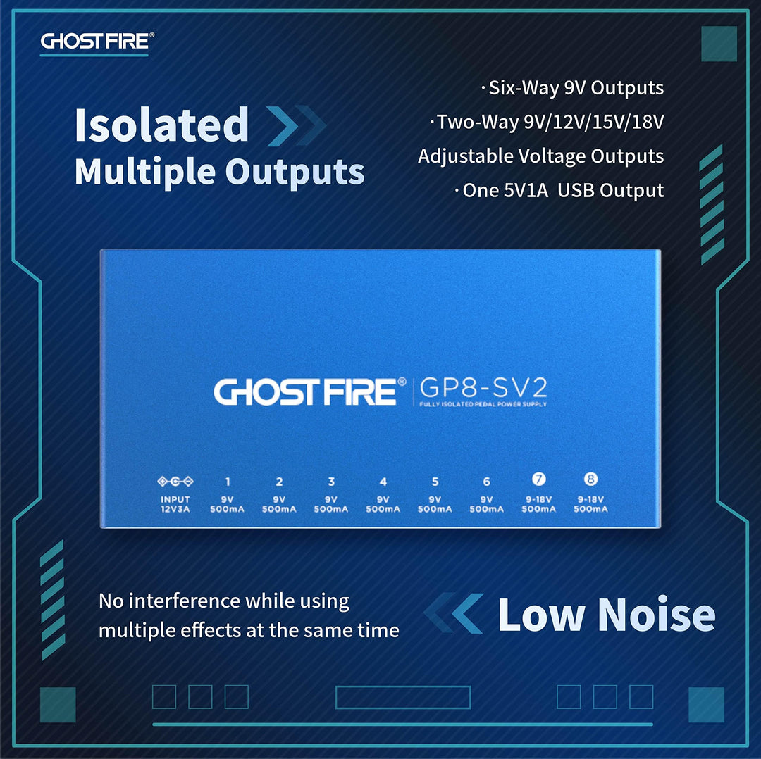 Ghost FIRE GP8-SV2 8出力ペダル電源+ 5V USB出力 独立した短絡保護を備えた完全に絶縁された電源