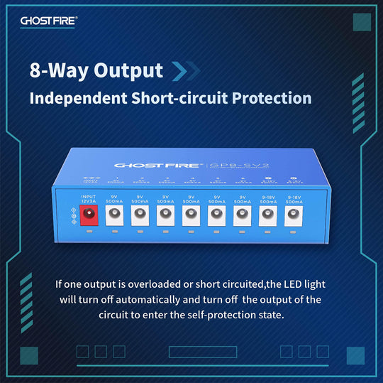 Fuente de alimentación para pedales de 8 salidas totalmente aislada GP8-SV2 de GHOST FIRE Professional Fuente de alimentación para efectos de pedales de guitarra 