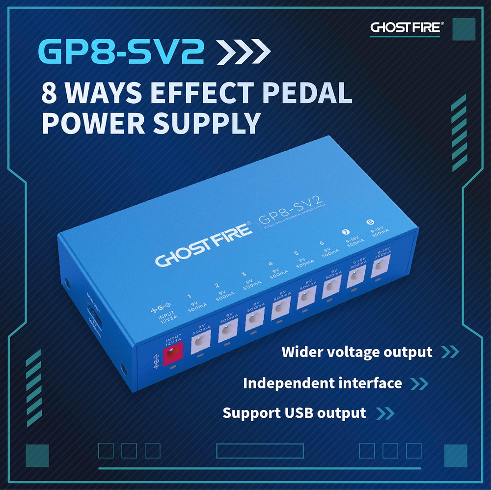 Fuente de alimentación para pedales de 8 salidas totalmente aislada GP8-SV2 de GHOST FIRE Professional Fuente de alimentación para efectos de pedales de guitarra 