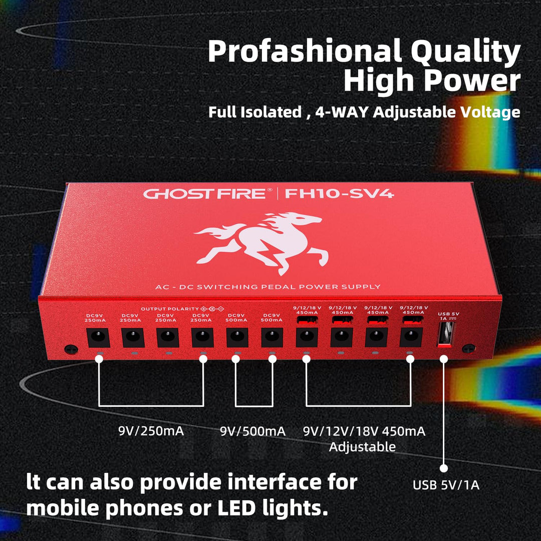 Fuente de alimentación para pedales GHOSTFIRE, banco de energía aislado con protección independiente contra cortocircuitos (FH10-SV4)