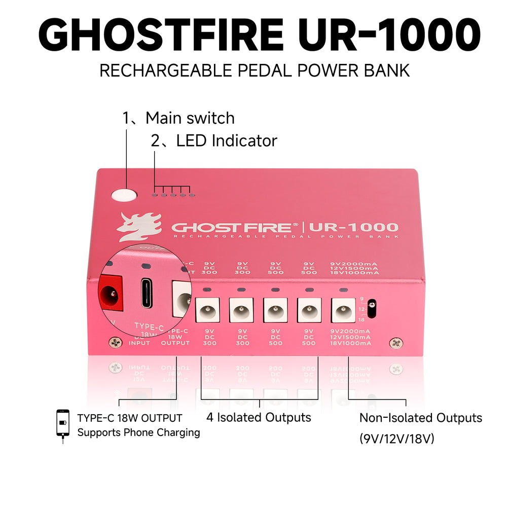 GHOST FIRE UR-1000 Rechargeable Guitar Pedal Power Supply – 9V/12V/18V Isolated Outputs, Built-in Lithium Battery, Short Circuit Protection, Lifetime Warranty