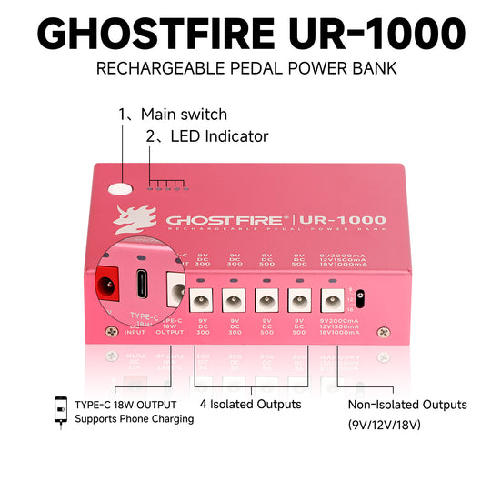 GHOST FIRE UR-1000 Rechargeable Guitar Pedal Power Supply – 9V/12V/18V Isolated Outputs, Built-in Lithium Battery, Short Circuit Protection, Lifetime Warranty