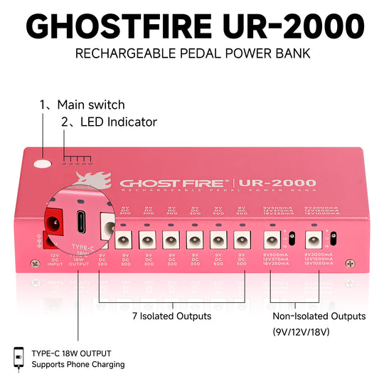 GHOST FIRE UR-2000 Guitar Pedal Power Supply – 9V/12V/18V Isolated Outputs, Wireless Charging, Short-Circuit Protection, Lifetime Warranty