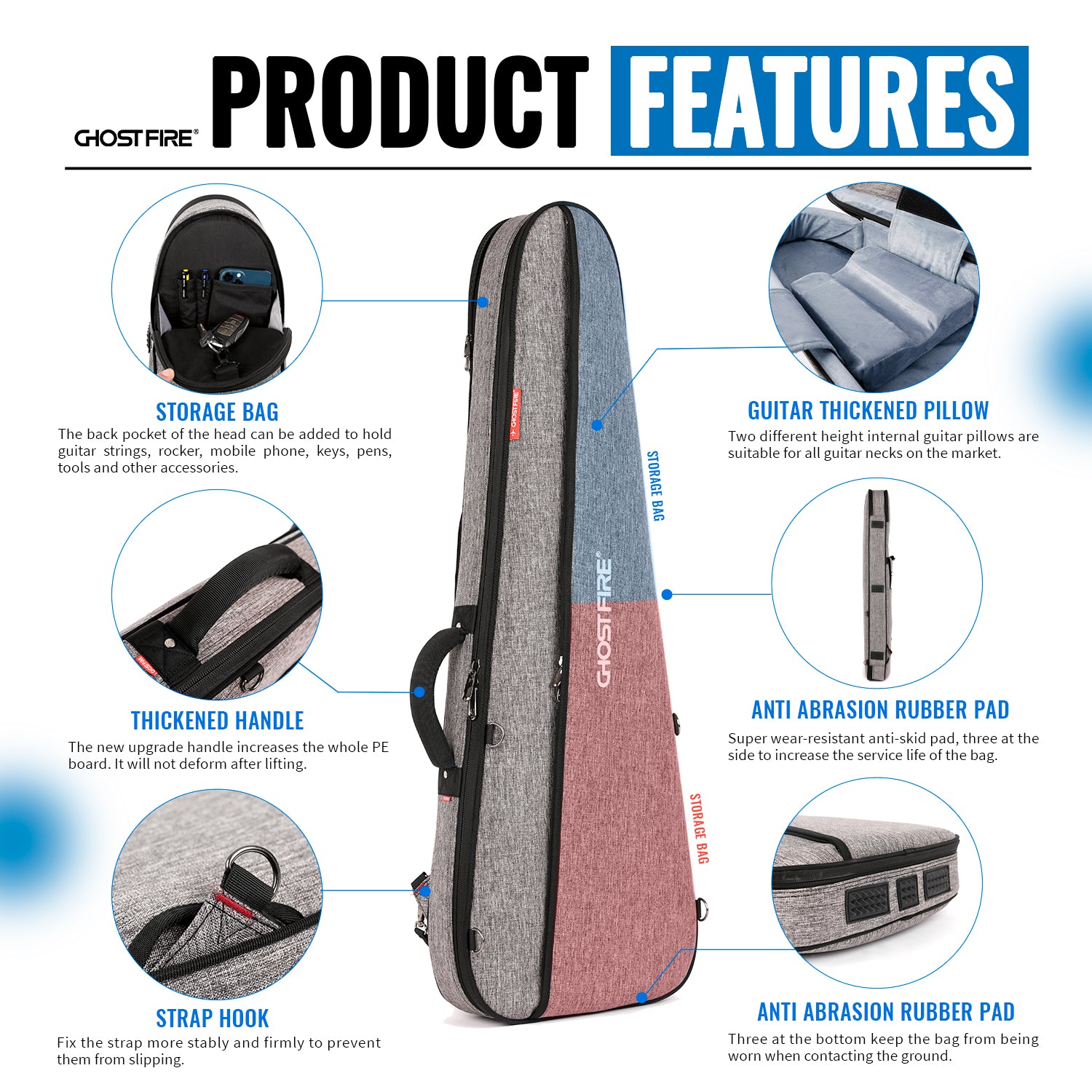 GHOSTFIRE 高級エレキギターバッグ 超厚手フィット ST/TL、LP/SG 拡張